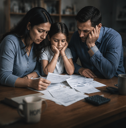Family reviewing bills